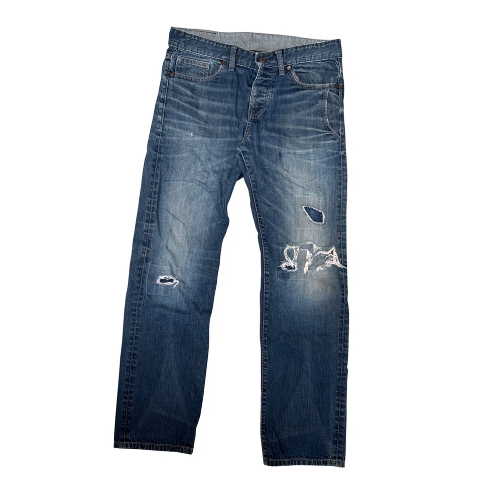 Armani Exchange Distressed Straight Leg Jeans Blue Denim Button Fly Size 32